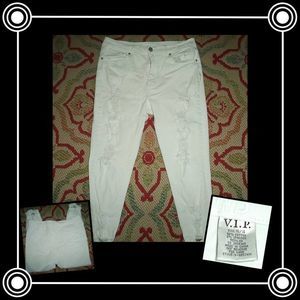 VIP JEANS WHITE STRETCH DESTROYED CROP SKINNY DISTRESSED-WOMENS JRS SIZE 15/16